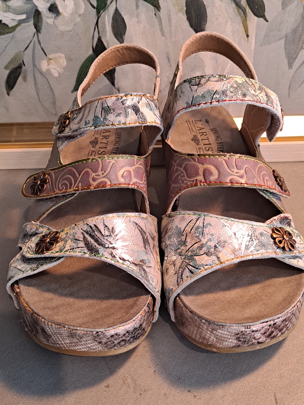 L'Artiste Spring Step Prosperity Grym Floral Metallic Leather Cork Wedge Sandals
